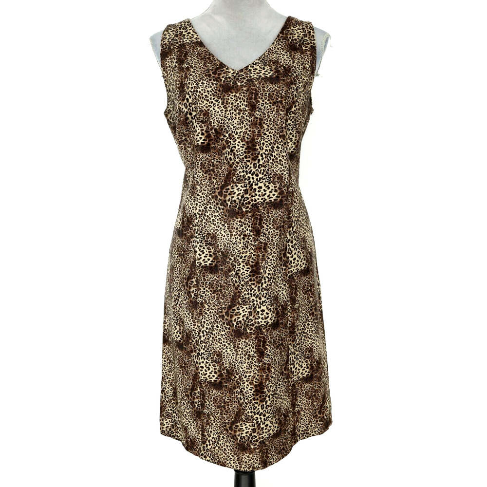 Chicos Additions Dress 1 Womens 8 Medium Animal Print Beige Black Waxed Linen